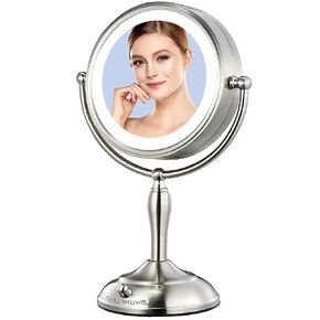 مرآة مكياج كبيرة مقاس 8.5 بوصة من MIRRORMORE مع 40 مصباح LED خافت للعناية بالعين، ومرآة مكياج بإضاءة مكبرة 1X/10X مع 3 ألوان، ومرآة مكتب من النيكل اللؤلؤي الكبير تدور 360 درجة، ومصدرين لتوفير الطاقة in Kuwait