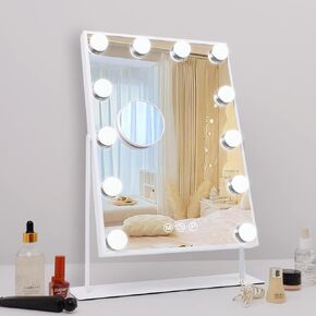Vanity Mirror with Lights Hollywood Lighted Makeup Mirror with 9 Dimmable Bulbs & 3 Color Lighting Modes, Detachable 10X Magnification Mirror and 360 Degree Rotation(White)