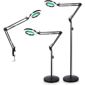 TOMSOO 3-in-1 Magnifying Glass Floor Lamp with Clamp, White/Warm White Lighted Magnifier Lens - Adjustable Stand & Swivel Arm - Full Spectrum LED Light for Reading, Crafts, Professional Tasks (Black) in Kuwait