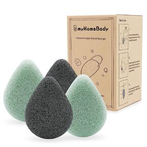myHomeBody Natural Konjac Facial Sponges – Teardrop Shape - for Gentle Face Cleansing and Exfoliation - with Activated Charcoal and Aloe Vera, 4pc Set