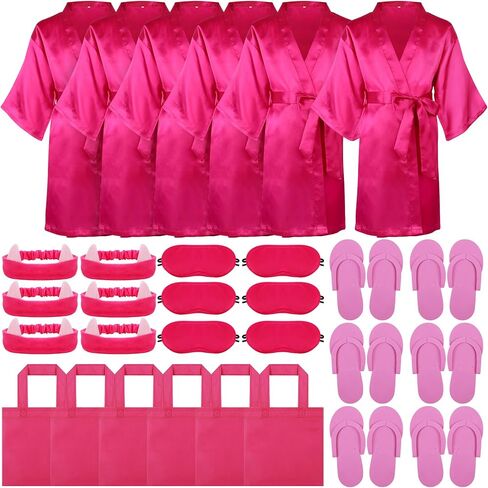 SOMSOC 30 Pieces Spa Party Costume Set for Girls Satin Kimono Robe Spa Headband Patch Non-woven Bag Foam Pedicure Slippers in Saudi Arabia