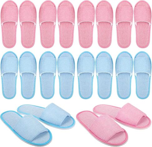 10 Pairs Washable House Slippers for Guests Open Toe Spa Slippers Women Men Soft Disposable Slippers Cotton Linen Hotel Slippers Bulk Non Slip Breathable for Indoor Travel Bedroom Party (Pink, Blue) in Kuwait