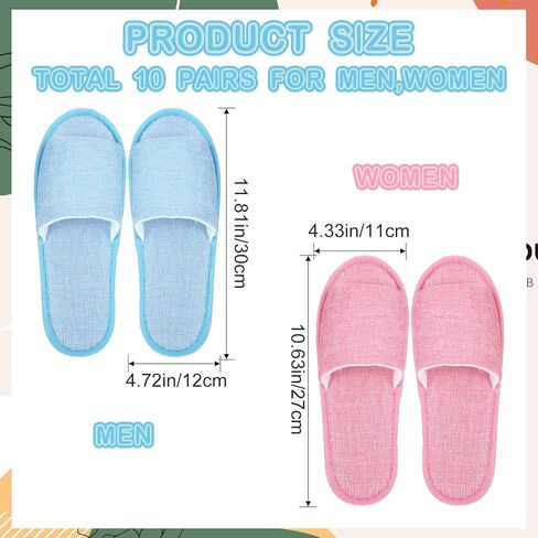 10 Pairs Washable House Slippers for Guests Open Toe Spa Slippers Women Men Soft Disposable Slippers Cotton Linen Hotel Slippers Bulk Non Slip Breathable for Indoor Travel Bedroom Party (Pink, Blue) in Kuwait