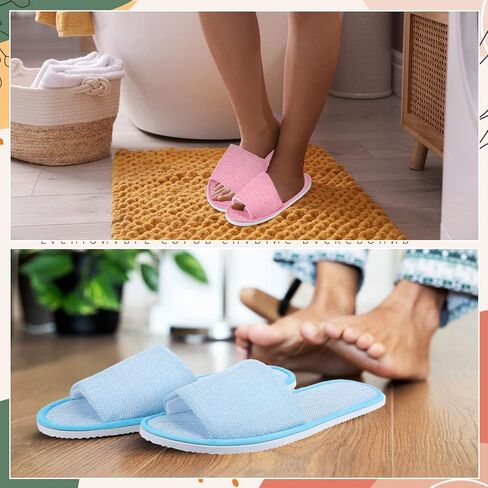10 Pairs Washable House Slippers for Guests Open Toe Spa Slippers Women Men Soft Disposable Slippers Cotton Linen Hotel Slippers Bulk Non Slip Breathable for Indoor Travel Bedroom Party (Pink, Blue) in Kuwait