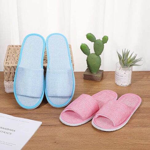 10 Pairs Washable House Slippers for Guests Open Toe Spa Slippers Women Men Soft Disposable Slippers Cotton Linen Hotel Slippers Bulk Non Slip Breathable for Indoor Travel Bedroom Party (Pink, Blue) in Kuwait