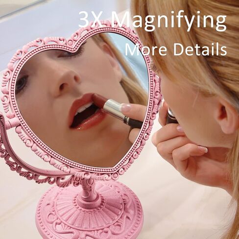 مرآة قلب وردي من RECEESOOON مزدوجة الجوانب، مرآة مكياج من الغرور للمكتب، مرآة عتيقة وردية، ديكور غرفة الباستيل الدنماركي الجمالي in Kuwait