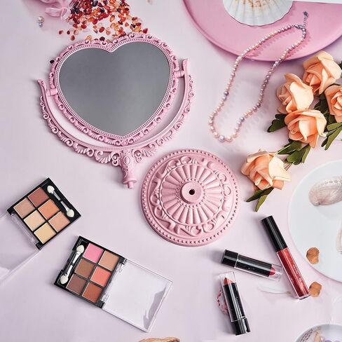 مرآة قلب وردي من RECEESOOON مزدوجة الجوانب، مرآة مكياج من الغرور للمكتب، مرآة عتيقة وردية، ديكور غرفة الباستيل الدنماركي الجمالي in Kuwait