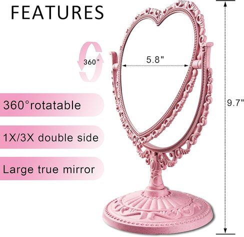 مرآة قلب وردي من RECEESOOON مزدوجة الجوانب، مرآة مكياج من الغرور للمكتب، مرآة عتيقة وردية، ديكور غرفة الباستيل الدنماركي الجمالي in Kuwait