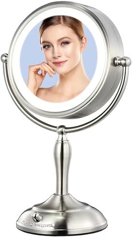 مرآة مكياج كبيرة مقاس 8.5 بوصة من MIRRORMORE مع 40 مصباح LED خافت للعناية بالعين، ومرآة مكياج بإضاءة مكبرة 1X/10X مع 3 ألوان، ومرآة مكتب من النيكل اللؤلؤي الكبير تدور 360 درجة، ومصدرين لتوفير الطاقة in Kuwait