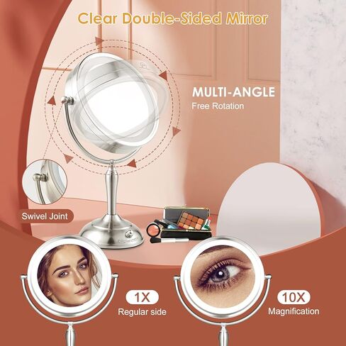 مرآة مكياج كبيرة مقاس 8.5 بوصة من MIRRORMORE مع 40 مصباح LED خافت للعناية بالعين، ومرآة مكياج بإضاءة مكبرة 1X/10X مع 3 ألوان، ومرآة مكتب من النيكل اللؤلؤي الكبير تدور 360 درجة، ومصدرين لتوفير الطاقة in Kuwait