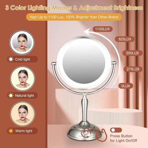 مرآة مكياج كبيرة مقاس 8.5 بوصة من MIRRORMORE مع 40 مصباح LED خافت للعناية بالعين، ومرآة مكياج بإضاءة مكبرة 1X/10X مع 3 ألوان، ومرآة مكتب من النيكل اللؤلؤي الكبير تدور 360 درجة، ومصدرين لتوفير الطاقة in Kuwait