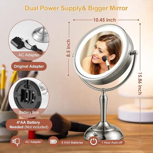 مرآة مكياج كبيرة مقاس 8.5 بوصة من MIRRORMORE مع 40 مصباح LED خافت للعناية بالعين، ومرآة مكياج بإضاءة مكبرة 1X/10X مع 3 ألوان، ومرآة مكتب من النيكل اللؤلؤي الكبير تدور 360 درجة، ومصدرين لتوفير الطاقة in Kuwait