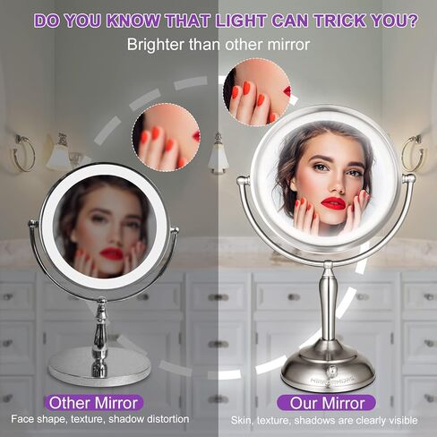 مرآة مكياج كبيرة مقاس 8.5 بوصة من MIRRORMORE مع 40 مصباح LED خافت للعناية بالعين، ومرآة مكياج بإضاءة مكبرة 1X/10X مع 3 ألوان، ومرآة مكتب من النيكل اللؤلؤي الكبير تدور 360 درجة، ومصدرين لتوفير الطاقة in Kuwait