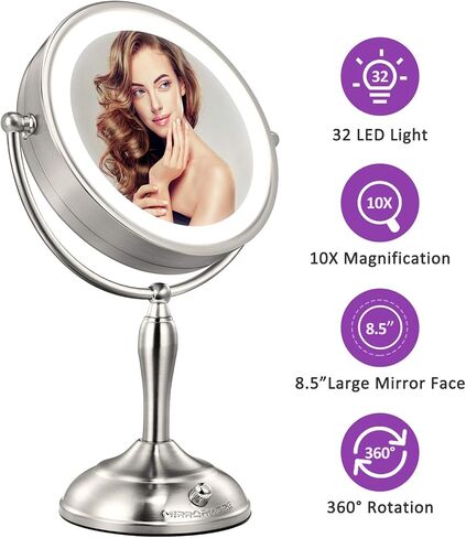 مرآة مكياج كبيرة مقاس 8.5 بوصة من MIRRORMORE مع 40 مصباح LED خافت للعناية بالعين، ومرآة مكياج بإضاءة مكبرة 1X/10X مع 3 ألوان، ومرآة مكتب من النيكل اللؤلؤي الكبير تدور 360 درجة، ومصدرين لتوفير الطاقة in Kuwait