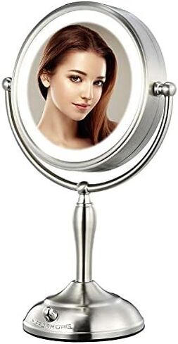مرآة مكياج كبيرة مقاس 8.5 بوصة من MIRRORMORE مع 40 مصباح LED خافت للعناية بالعين، ومرآة مكياج بإضاءة مكبرة 1X/10X مع 3 ألوان، ومرآة مكتب من النيكل اللؤلؤي الكبير تدور 360 درجة، ومصدرين لتوفير الطاقة in Kuwait