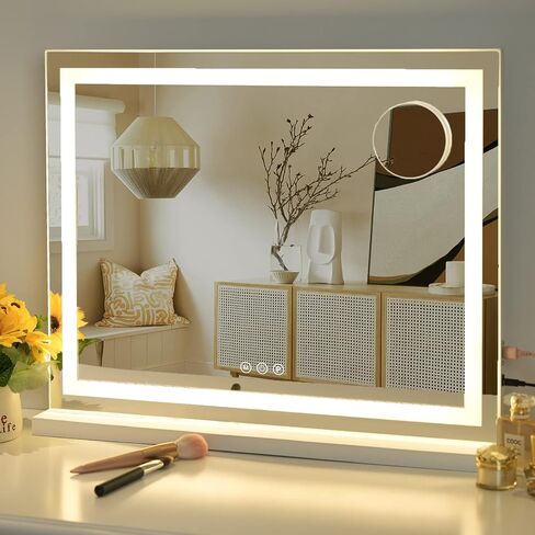 Sucedey Vanity Mirror with Lights, 23" x 18" Makeup Mirror, Hollywood Mirror with 3 Color Modes & Adjustable Brightness, Detachable 10x Magnification and USB Charging Design (White) in Saudi Arabia