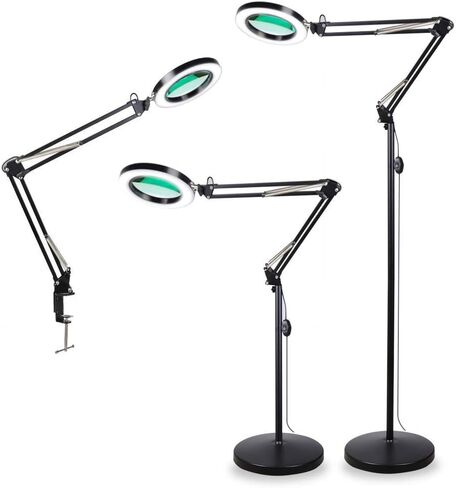 TOMSOO 3-in-1 Magnifying Glass Floor Lamp with Clamp, White/Warm White Lighted Magnifier Lens - Adjustable Stand & Swivel Arm - Full Spectrum LED Light for Reading, Crafts, Professional Tasks (Black) in Kuwait