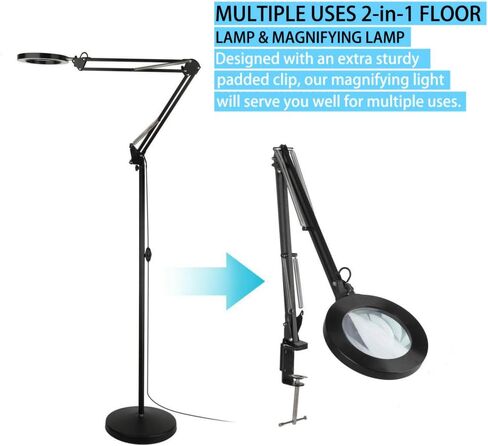 TOMSOO 3-in-1 Magnifying Glass Floor Lamp with Clamp, White/Warm White Lighted Magnifier Lens - Adjustable Stand & Swivel Arm - Full Spectrum LED Light for Reading, Crafts, Professional Tasks (Black) in Kuwait