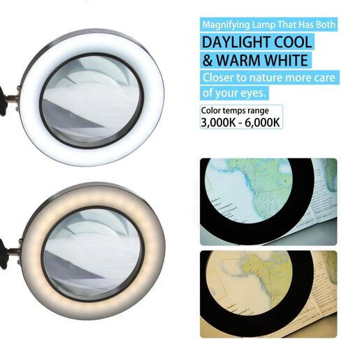 TOMSOO 3-in-1 Magnifying Glass Floor Lamp with Clamp, White/Warm White Lighted Magnifier Lens - Adjustable Stand & Swivel Arm - Full Spectrum LED Light for Reading, Crafts, Professional Tasks (Black) in Kuwait