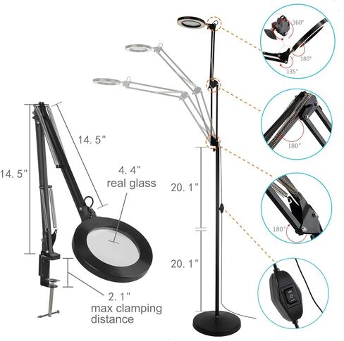 TOMSOO 3-in-1 Magnifying Glass Floor Lamp with Clamp, White/Warm White Lighted Magnifier Lens - Adjustable Stand & Swivel Arm - Full Spectrum LED Light for Reading, Crafts, Professional Tasks (Black) in Kuwait