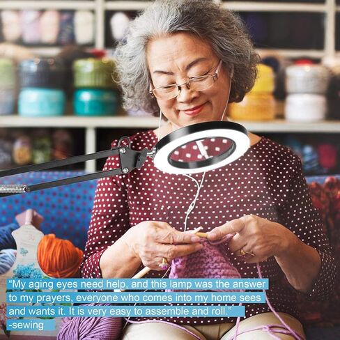 TOMSOO 3-in-1 Magnifying Glass Floor Lamp with Clamp, White/Warm White Lighted Magnifier Lens - Adjustable Stand & Swivel Arm - Full Spectrum LED Light for Reading, Crafts, Professional Tasks (Black) in Kuwait