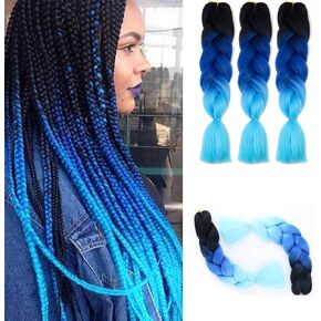 Ombre Kanekalon Braiding Hair Extensions 24" 100g/pcs Synthetic Hair Extensions(black-bule-light blue)3pcs