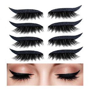 Eyeliner Sticker with Eyelashes,Reusable Eyelashes & Eyeliner Stickers Natural & Waterproof Eyelashes Makeup Stickers Instant for Women 4 Pairs (Black)