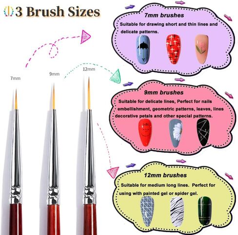 مجموعة فرش طلاء الأظافر مكونة من 3 قطع فرشاة تخطيط للأظافر للخطوط الرفيعة والطويلة، طلاء جل للأشعة فوق البنفسجية، فرش تصميم لتحديد الخطوط، قلم رسم منقط، فرش أظافر لفن الأظافر (7/9/12 مم) in Kuwait
