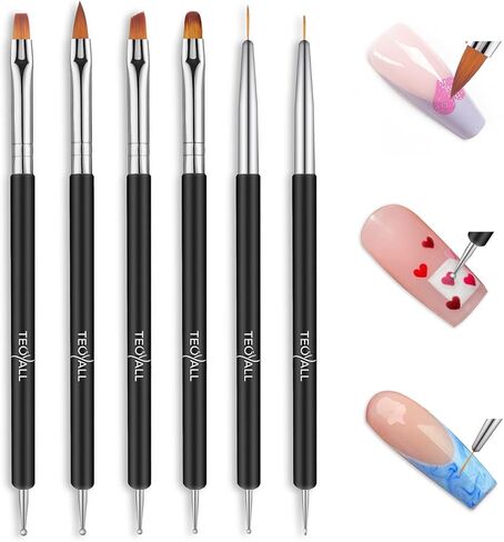 فرش طلاء الأظافر من تيويال، 6 قطع من أدوات تصميم الأظافر مزدوجة الأطراف مع فرش طلاء جل البناء، فرش تحديد الأظافر، 6 أقلام تنقيط in Kuwait