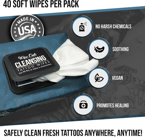 Wipe Outz Cleansing Tattoo Wipes for During Tattooing & Tattoo After Care, All in One Tattoo Cleaning Wipes to Clean Skin, Alcohol Free Tattoo Green Soap Wipes for Tattooing, 40-Count (1 Pack) in Saudi Arabia