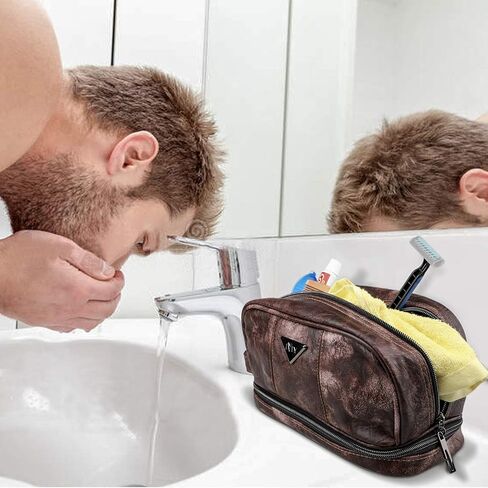 Men's Toiletry Bag, Travel Toiletry Bag for Men, Large Leather Dopp Kit for Men, Shaving Bag for Travel Accessories, LargeMens Toiletries Bathroom Organizer, Shaving kit, Dopp kit(Brown) in Kuwait