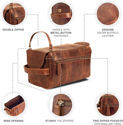 حقيبة أدوات الزينة الكبيرة للسفر للرجال والنساء من مونستر - حقائب أدوات الزينة للرجال للسفر - مجموعة أدوات الحلاقة الجلدية للرجال - حقيبة من جلد الجاموس المحبب بالكامل، منظم حقيبة مستحضرات التجميل in Kuwait