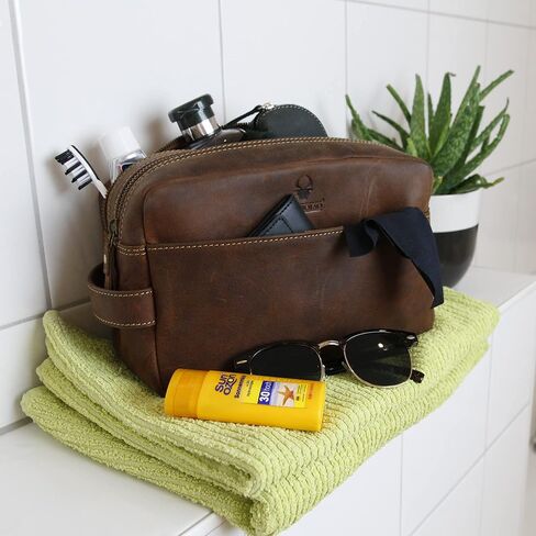 حقيبة أدوات الزينة الجلدية من DONBOLSO ستوكهولم I حقيبة غسيل جلدية أصلية للرجال والنساء I حقيبة مستحضرات التجميل أو الحلاقة للسفر I Vintage Brown in Kuwait