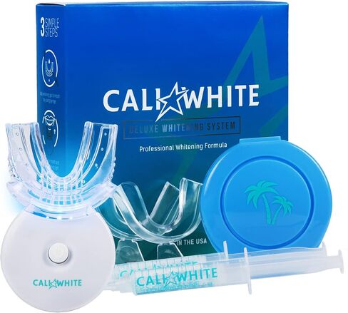 Cali White Teeth Whitening Strip Kit with LED Light + Batteries - Organic Peroxide Teeth Whitening Gel - Set of White Strips for Teeth Whitening - 2x5ml Syringes, Thermoform Whitening Trays & Case in Saudi Arabia