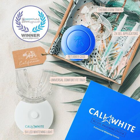 Cali White Teeth Whitening Strip Kit with LED Light + Batteries - Organic Peroxide Teeth Whitening Gel - Set of White Strips for Teeth Whitening - 2x5ml Syringes, Thermoform Whitening Trays & Case in Saudi Arabia