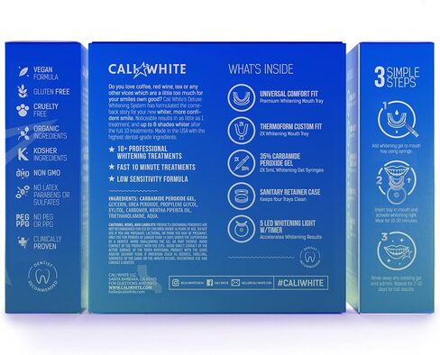 Cali White Teeth Whitening Strip Kit with LED Light + Batteries - Organic Peroxide Teeth Whitening Gel - Set of White Strips for Teeth Whitening - 2x5ml Syringes, Thermoform Whitening Trays & Case in Saudi Arabia