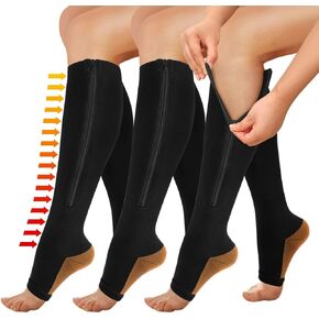 3 Pairs Zipper Copper Compression Socks for Women Men, Open Toe Medical Compression Knee High Stockings for Circulation Support in Kuwait