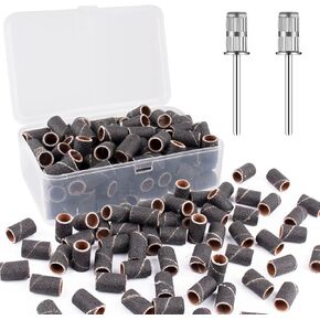 Rolybag Sanding Bands for Nail Drill,Drill Sanding Band with Storage Box,Include 100 fine Sand Bands and 2 Pieces Mandrel for Most Size 3/32" Nail Drill machine180#