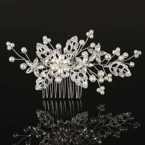 Gorais Pearl Bride Wedding Hair Comb Crystal Bridal Hair Piece Leaf Wedding Hair Accessories Floral Rhinestone Hair Clip Side Combs for Women and Girls