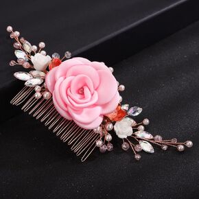 Teyglen Wedding Crystal Hair Side Comb Bridal Flower Hair Comb Floral White Pink Flower Headpieces Handmade Rhinestone Pearl Hair Pieces for Brides Women Girls (White)