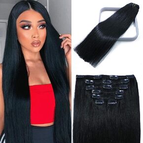 WindTouch Clip in Hair Extensions Human Hair Jet Black Solid Black 12Inch 70g Straight #1