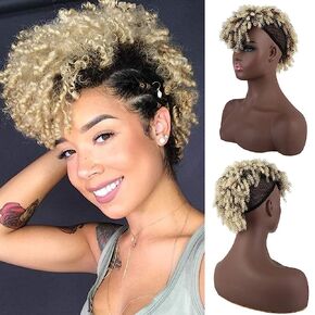 Aisaide High Puff Afro Ponytail with Bangs Drawstring,Short Kinky Curly Drawstring Ponytail Extension,Synthetic Clip in Mohawk Ponytail Bun with Bangs,Wrap Updo Clip in Hair Extensions