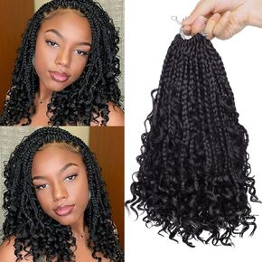 Unionbeauty 8 Packs 14 Inch Boho Box Braids Crochet Hair Curly Ends Messy Goddess Box Braids Hair Extension Pre-looped Individual Synthetic Braiding Hair Bob Bohemian Hippie Braids for Black Woman 1B#