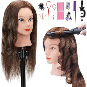 رأس تمثال عرض شعر بشري حقيقي 100% من سيلكي مع 9 أدوات ومشبك، رأس مانيكان لتدريب مصففي الشعر ورأس دمية علم التجميل لتصفيف الشعر والجدائل - بني داكن in Kuwait