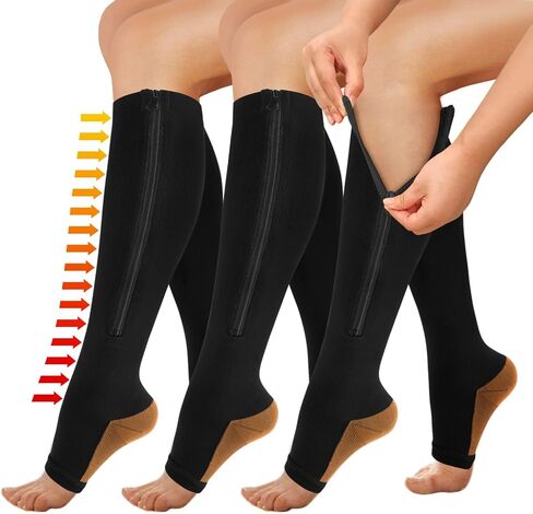 3 Pairs Zipper Copper Compression Socks for Women Men, Open Toe Medical Compression Knee High Stockings for Circulation Support in Kuwait