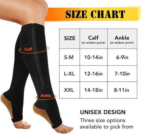 3 Pairs Zipper Copper Compression Socks for Women Men, Open Toe Medical Compression Knee High Stockings for Circulation Support in Kuwait