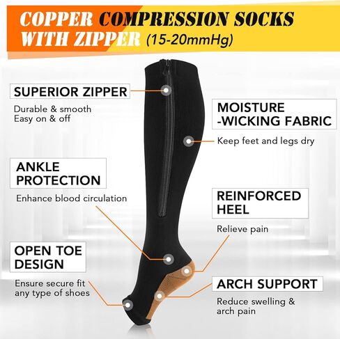 3 Pairs Zipper Copper Compression Socks for Women Men, Open Toe Medical Compression Knee High Stockings for Circulation Support in Kuwait