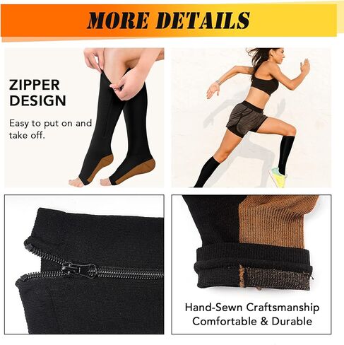 3 Pairs Zipper Copper Compression Socks for Women Men, Open Toe Medical Compression Knee High Stockings for Circulation Support in Kuwait