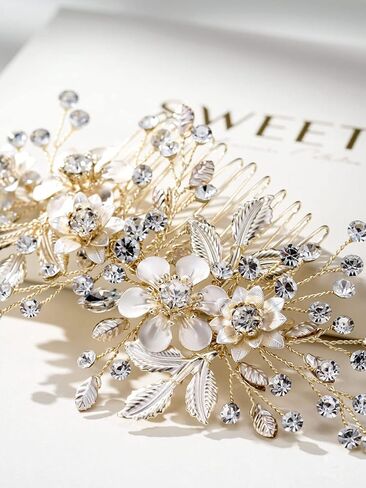 SWEETV Rhinestone Wedding Hair Comb for Bridal Hair Accessories for Women,Handmade Bridal Hair Clip Pieces for Wedding Women,Gold in Saudi Arabia