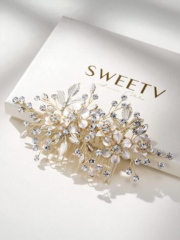 SWEETV Rhinestone Wedding Hair Comb for Bridal Hair Accessories for Women,Handmade Bridal Hair Clip Pieces for Wedding Women,Gold in Saudi Arabia